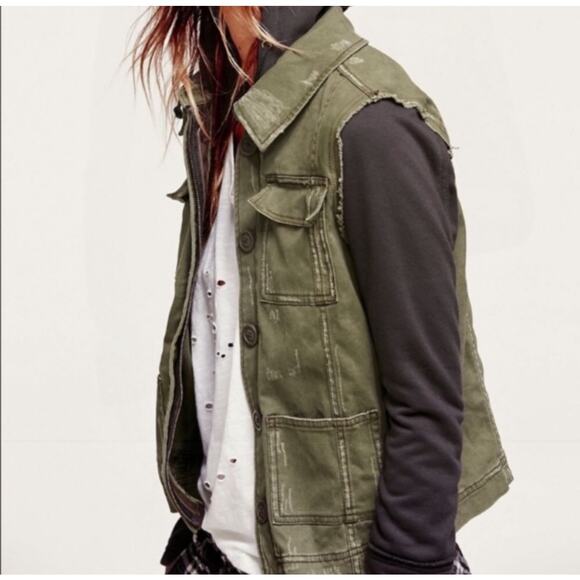 Free People Distressed Zip Up Utility Jacket with Hood, Size XS - Picture 2 of 9